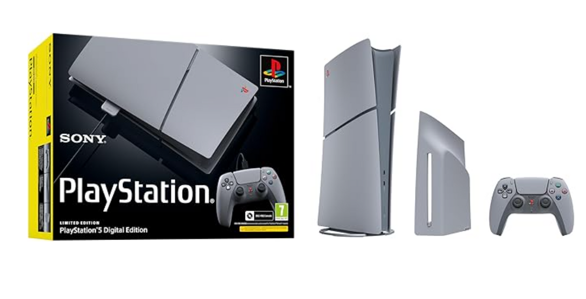 PlayStation console with packaging and controller on a white background