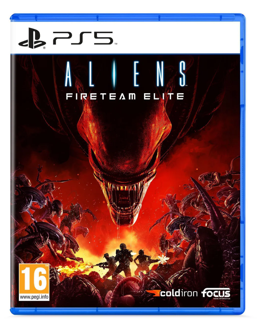 PlayStation 5 game case for 'Aliens: Fireteam Elite' with alien and soldier graphics.