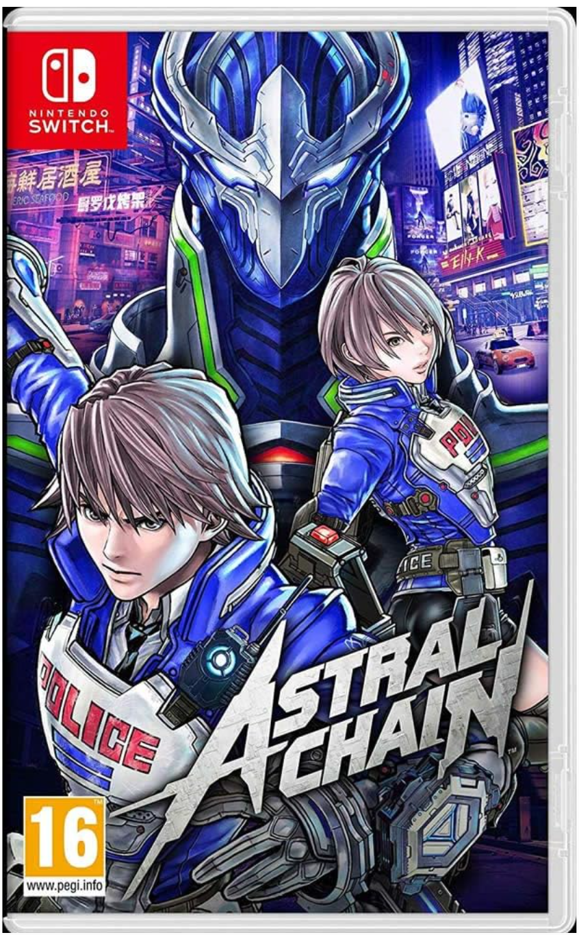 Game case for 'Astral Chain' on Nintendo Switch with characters and cityscape background