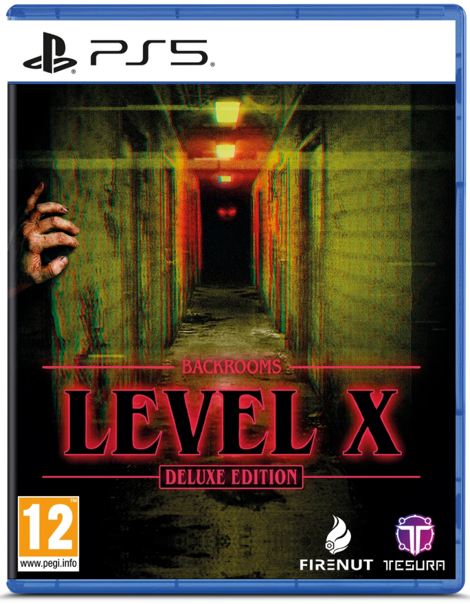 PS5 game case cover for Backrooms Level X Deluxe Edition, featuring a dark hallway scene with red title text and PS5 branding at the top.