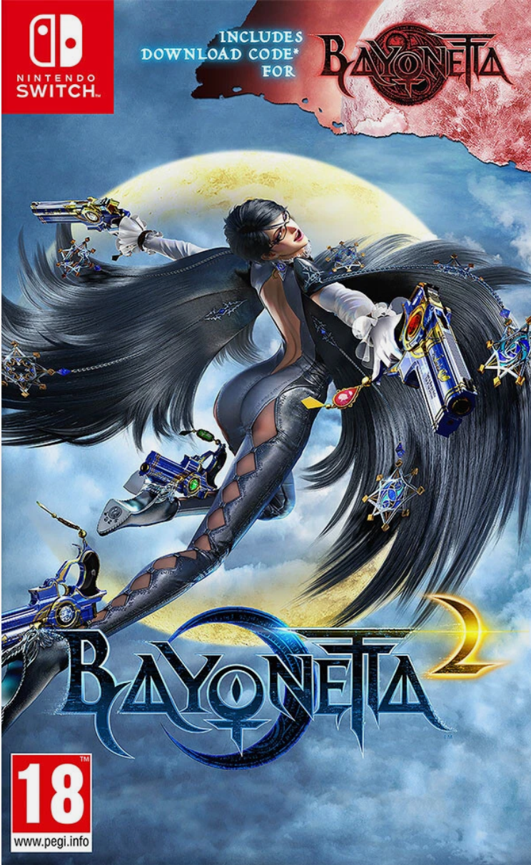 Game cover for Bayonetta 2 on Nintendo Switch with character and moon in background
