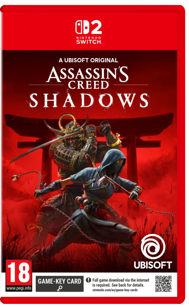 Assassin's Creed Shadows game packaging for Nintendo Switch with red background and character illustration.
