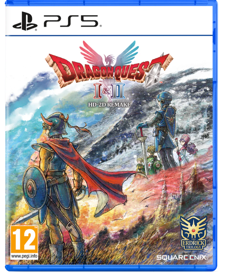 PlayStation 5 game case for 'Dragon Quest I & II HD 2D Remake' with characters and mountain landscape.