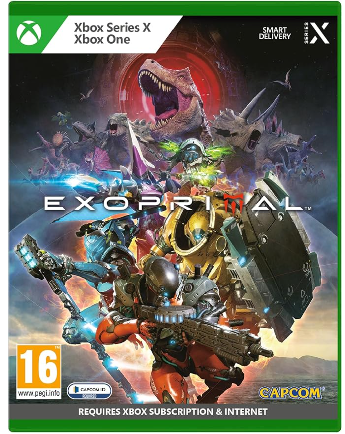 Game cover for 'Exo Prime' on Xbox Series X and Xbox One with colorful characters and Capcom logo.