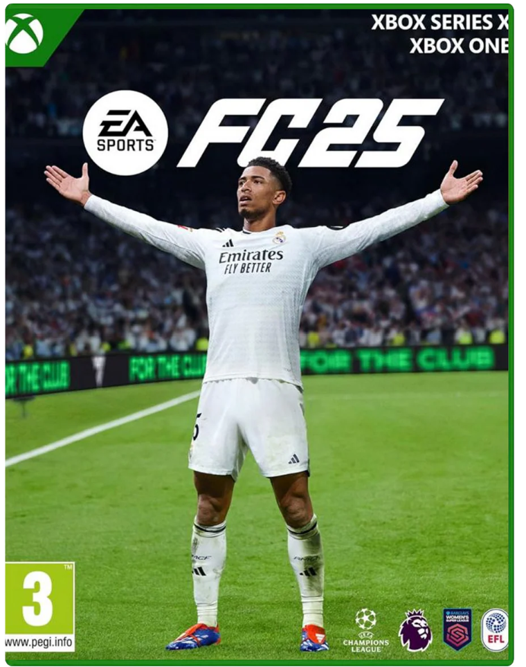 EA Sports FC 25 video game cover featuring a player in a white jersey on a soccer field.