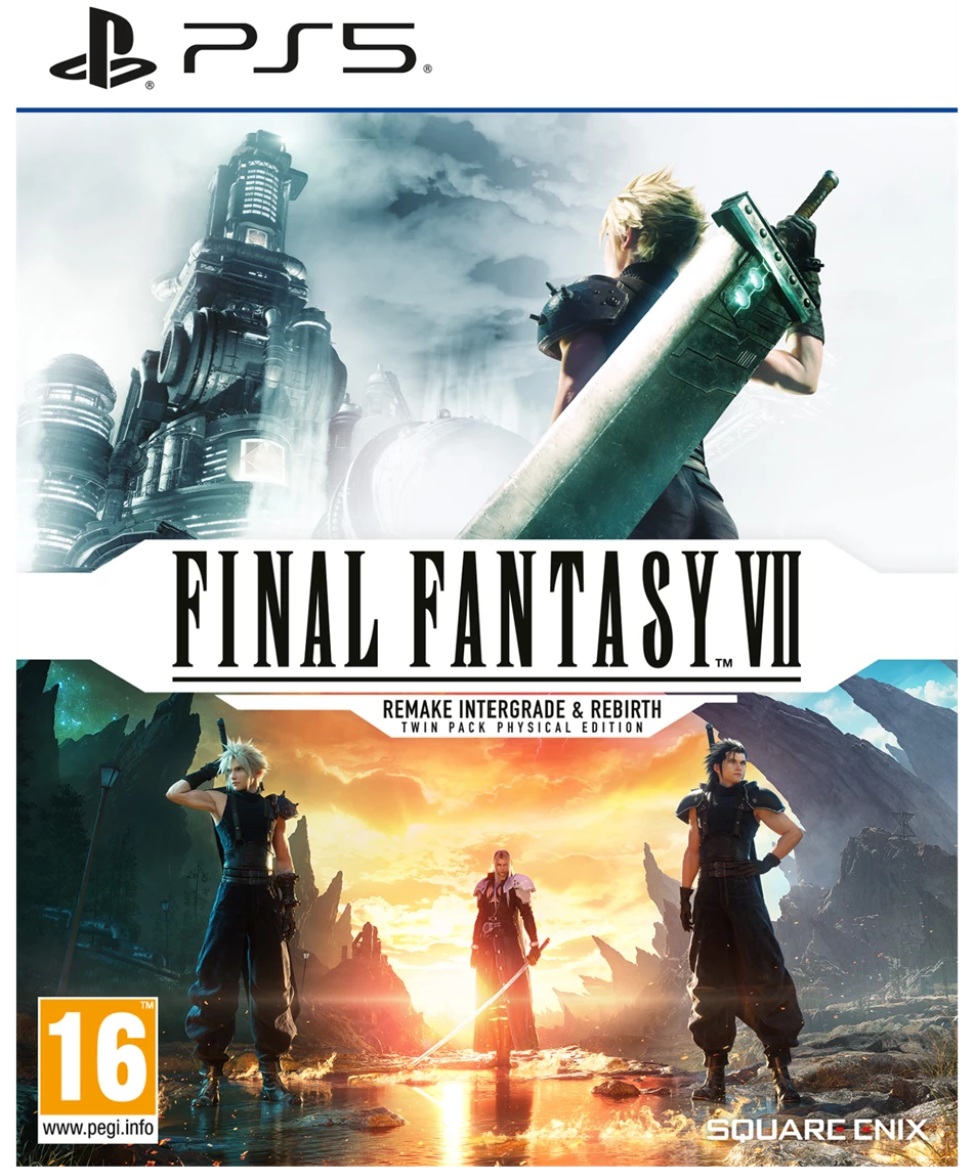 Cover of 'Final Fantasy VII Remake Intergrade Rebirth' for PS5 with characters and cityscape.