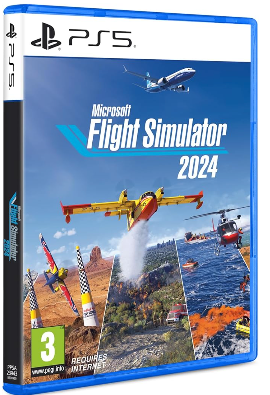 Microsoft Flight Simulator 2024 game box for PS5 with various scenes and aircraft on a blue background