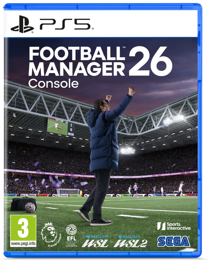Box art for 'Football Manager 26' on PS5 with a person celebrating on a soccer field.