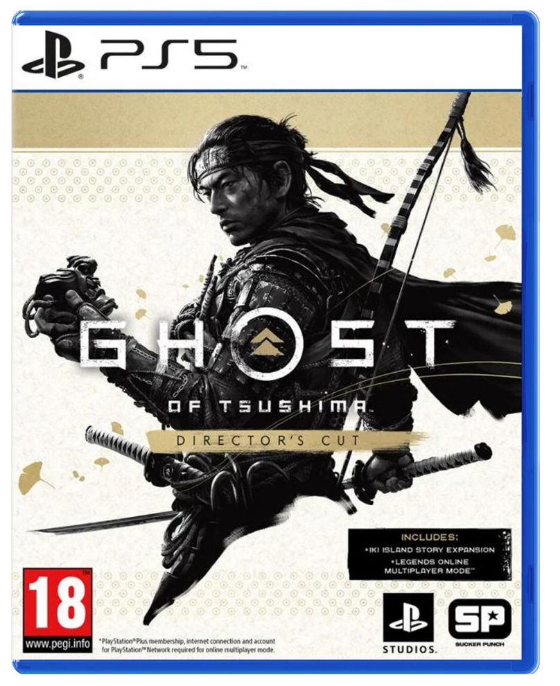 PlayStation 5 game disc cover for 'Ghost of Tsushima: Director's Cut' with a samurai warrior holding a sword.