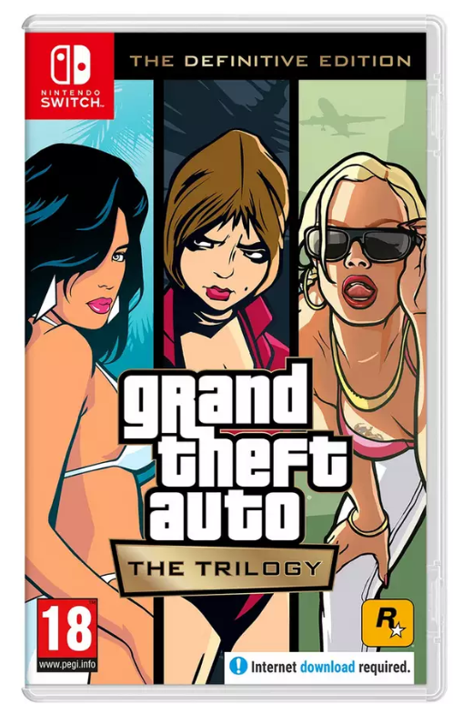 Game case for 'Grand Theft Auto: The Trilogy' on Nintendo Switch with cartoon characters and rating information.