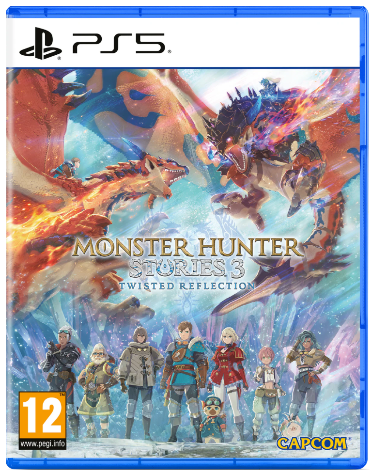 Game box for 'Monster Hunter Stories 3' on PS5 with characters and creatures.