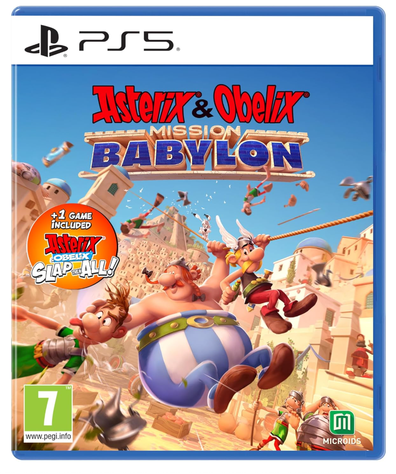Game box for 'Asterix & Obelix Mission Babylon' on PS5 with characters and cityscape.