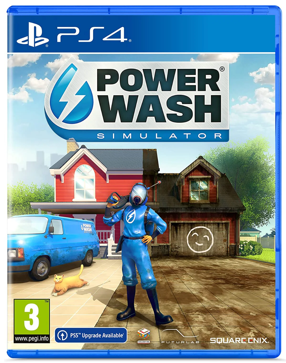 Game box for 'Power Wash Simulator' on PS4 with a character in blue suit and van in front of a house.