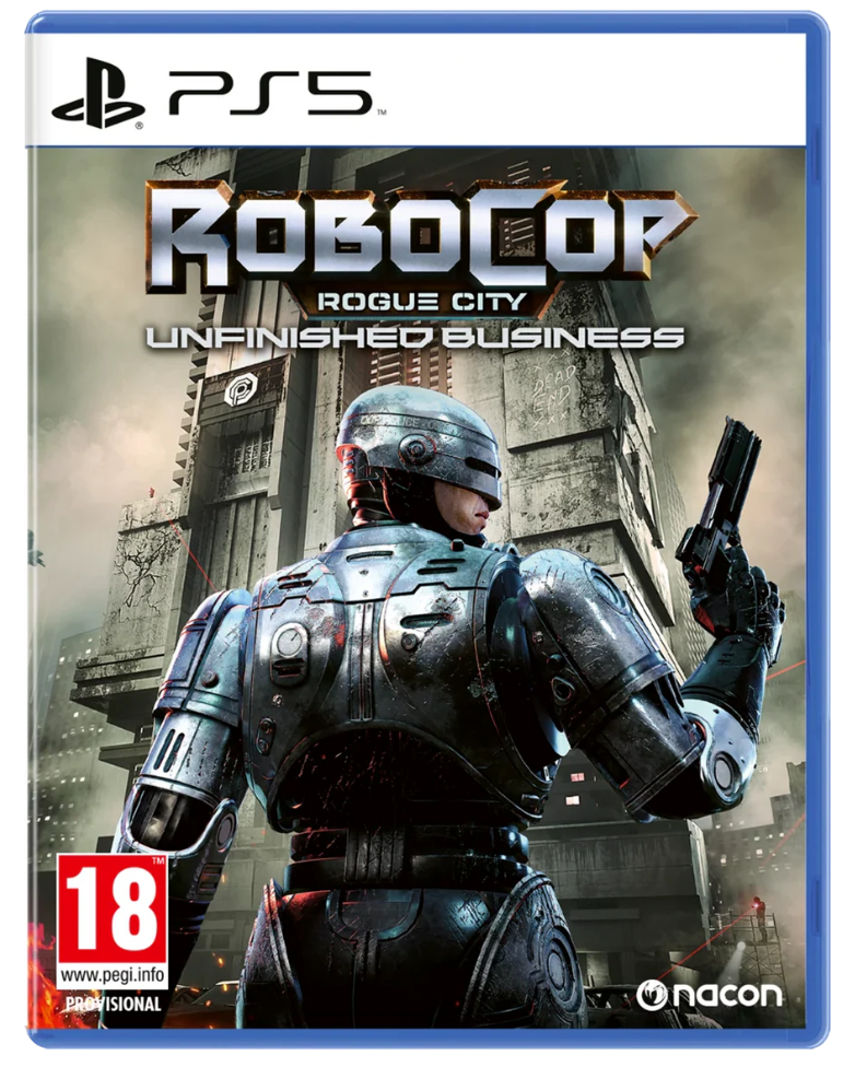 Video game cover for 'RoboCop: Rogue City - Unfinished Business' on PS5 with a robot in a cityscape.