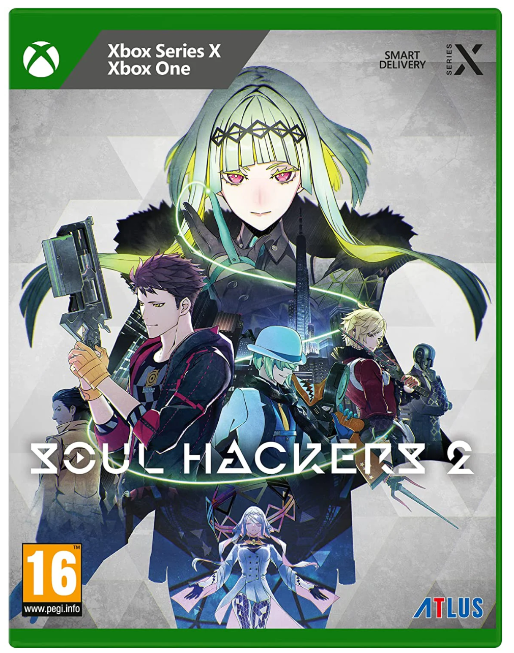 Game box for 'Soul Hackers 2' featuring characters and branding on a white background.