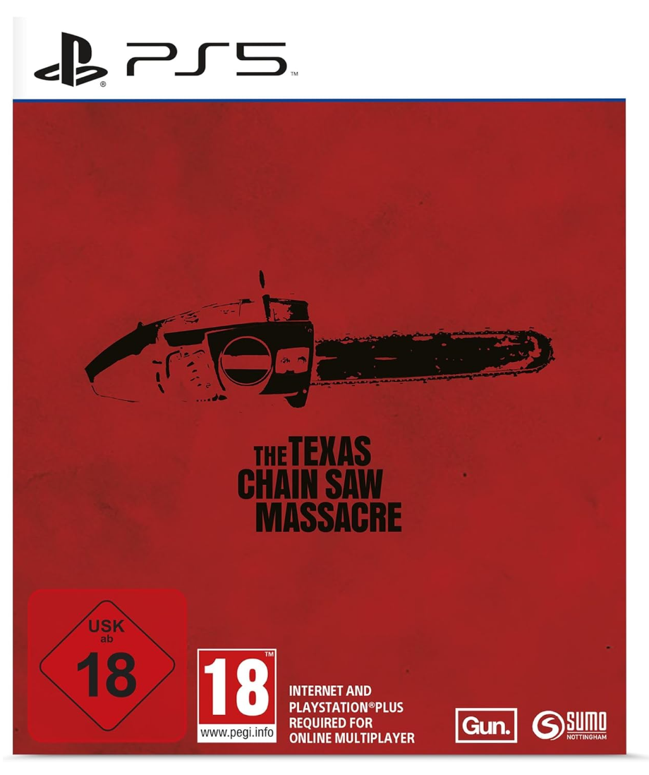 Game case for 'The Texas Chain Saw Massacre' with a chainsaw illustration on a red background, featuring the PS5 logo.