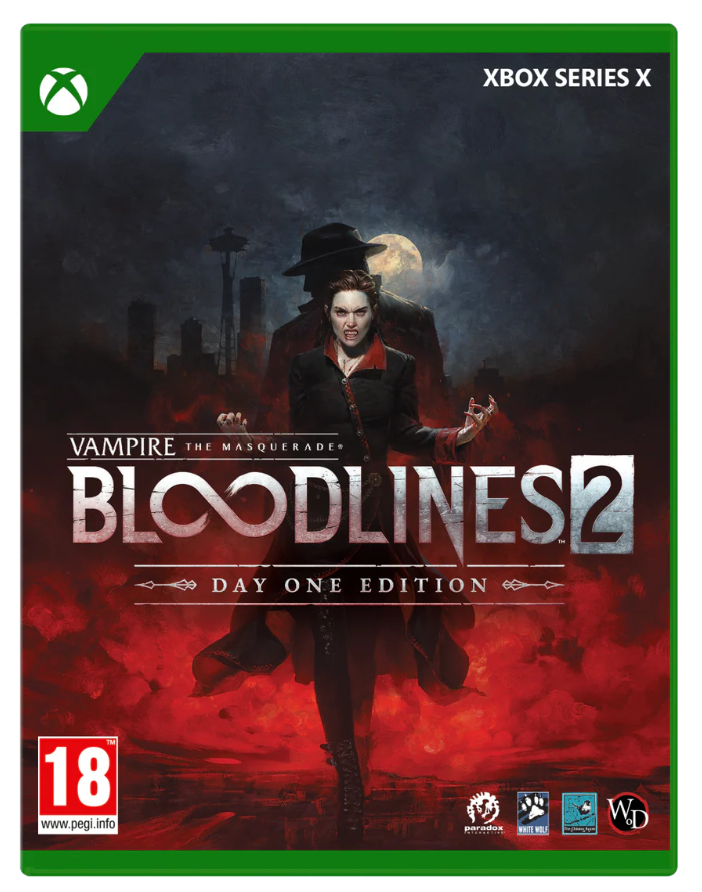 Game box for 'Vampire: The Masquerade - Bloodlines 2' on Xbox Series X with a dark and dramatic design.