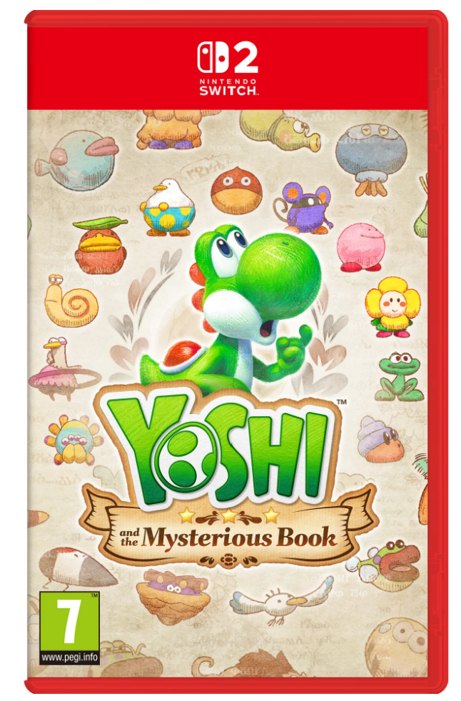 Game box for 'Yoshi and the Mysterious Book' on Nintendo Switch with Yoshi character and colorful design.