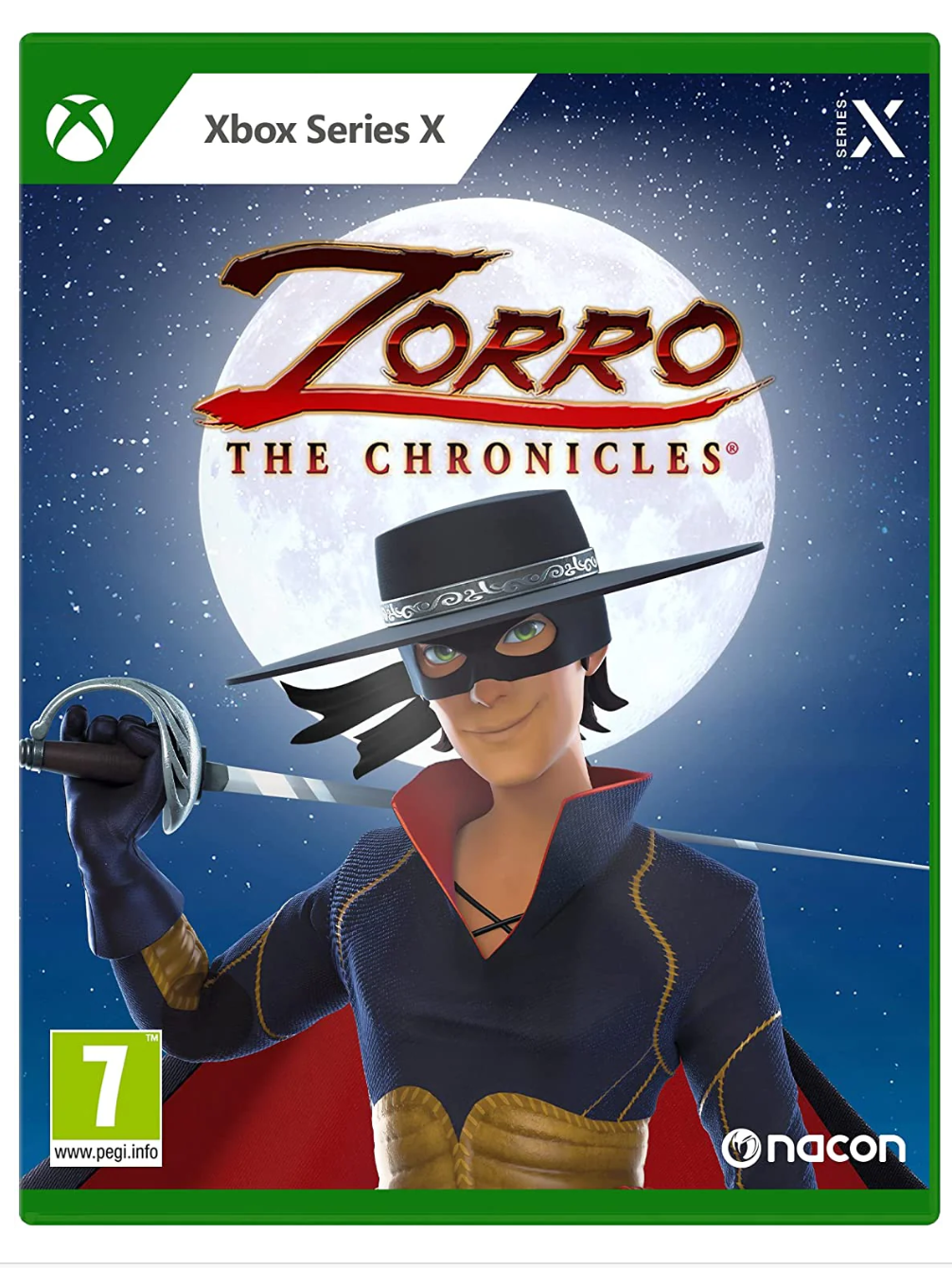 Zorro-themed video game cover for Xbox Series X with a character holding a sword against a moonlit sky.