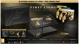 Promotional image of 'First Light' Legacy Edition packaging with game components and branding.