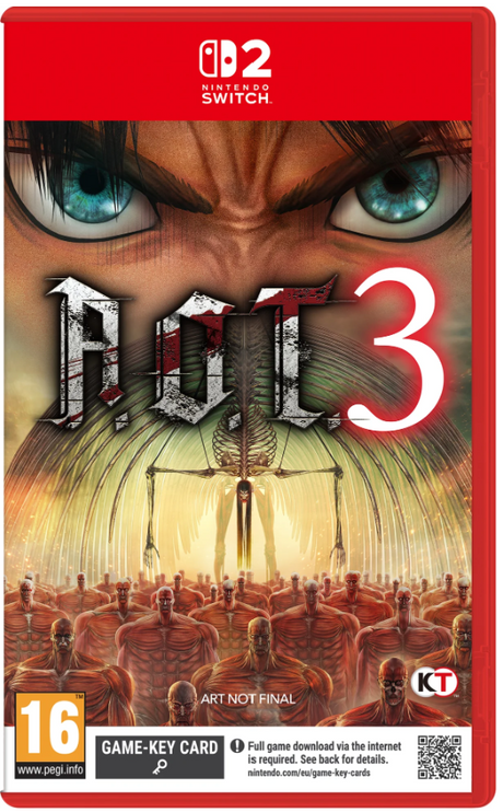 Nintendo Switch game case for 'Attacco al 3' featuring a red header with the Nintendo Switch logo, cover art of a close-up face with blue eyes, a skeletal figure, and rows of muscular figures at the bottom.