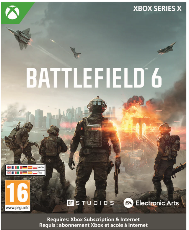 Cover of 'Battlefield 6' game for Xbox Series X with soldiers and explosions.