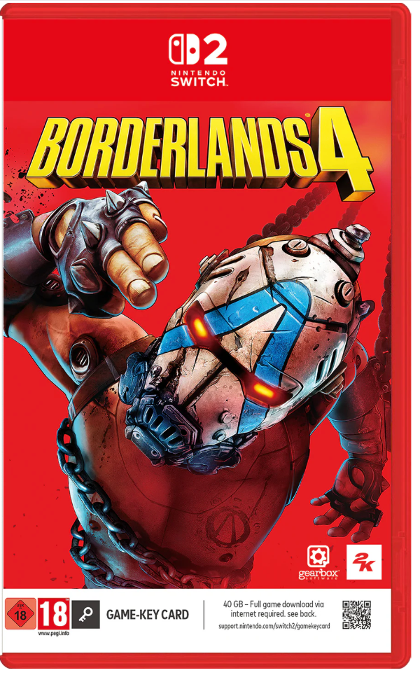 Game case for 'Borderlands 4' on Nintendo Switch with a red background and robot character.