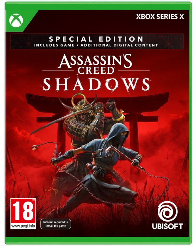 Assassin's Creed Shadows Special Edition packaging for Xbox Series X with a samurai character on a red background.