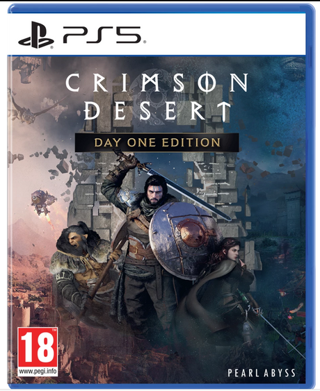 Game cover of 'Crimson Desert' Day One Edition for PS5 with characters and Pearl Abyss logo.