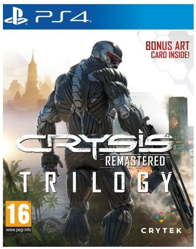Game box for Crysis Remastered Trilogy on PS4 with character and cityscape background