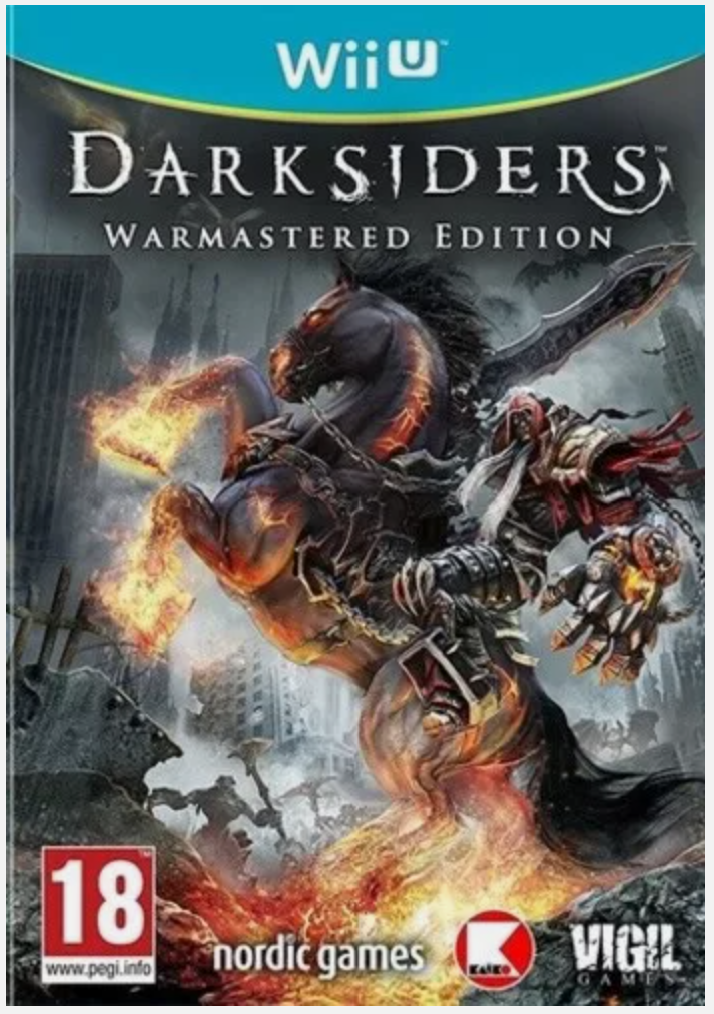 Darksiders Warmastered Edition game cover for Wii U with a dragon and warrior illustration.