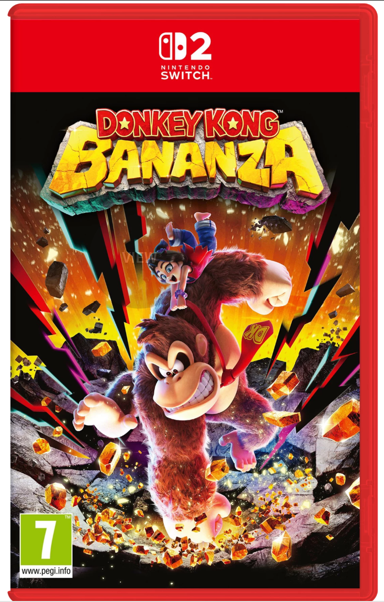 Donkey Kong Bananza game cover for Nintendo Switch with Donkey Kong and a character on the cover.