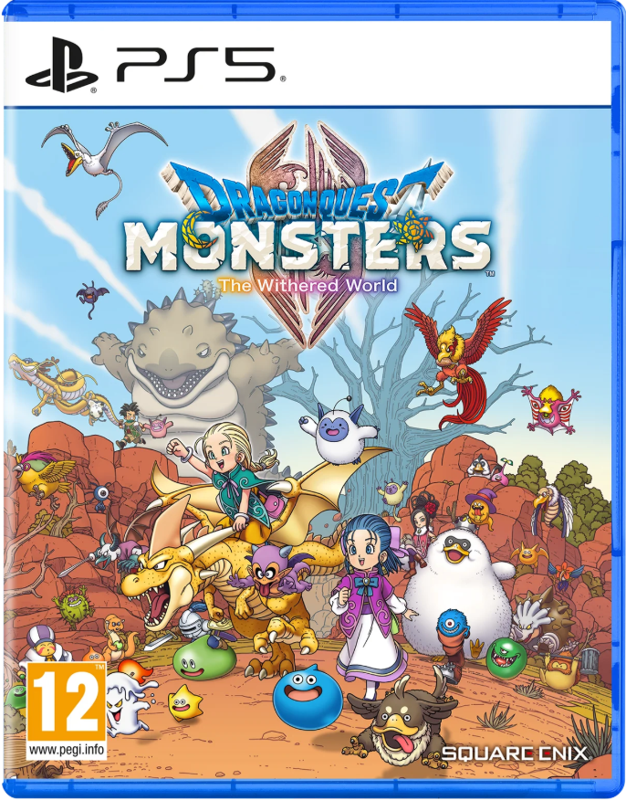 Front cover of the PS5 game Dragon Quest Monsters: The Whiterod Wold, featuring colorful fantasy artwork with many characters, monsters, and a blue game case border. Visible brands include PS5 and Square CNX.