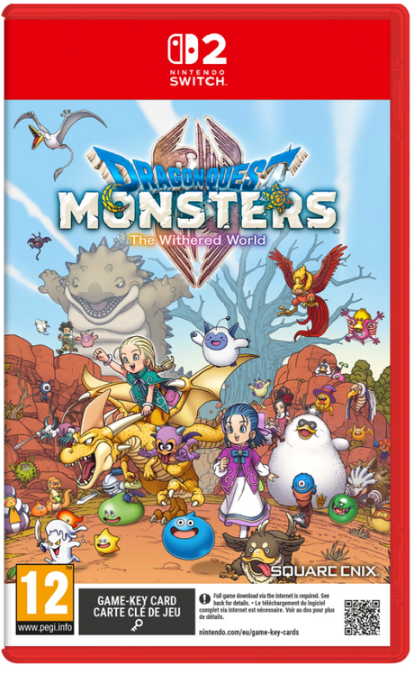 Nintendo Switch game case for Dragon Quest Monsters: The Withered World, featuring colorful fantasy artwork with multiple characters, monsters, and a red Nintendo Switch banner at the top.