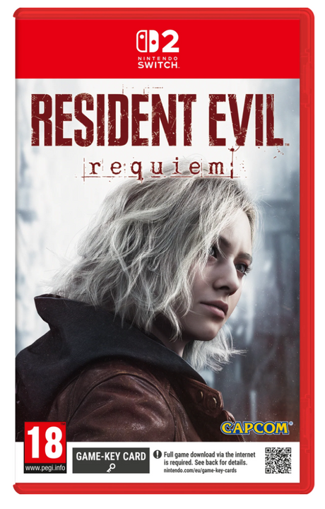 Game case for 'Resident Evil Requiem' on Nintendo Switch with a character's face and Capcom logo.