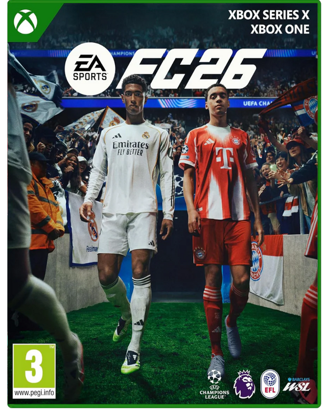 Cover of FC26 video game for Xbox Series X and Xbox One featuring two soccer players on a stadium background.
