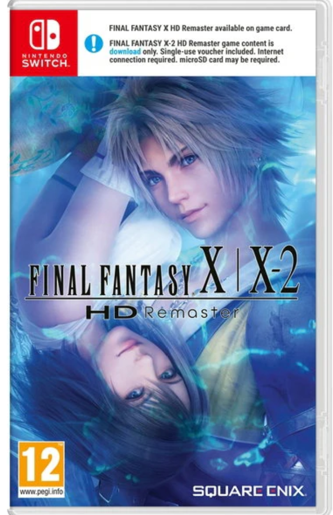 Game case for 'Final Fantasy X & X-2 HD Remaster' on Nintendo Switch with characters and branding.