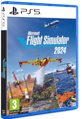 Microsoft Flight Simulator 2024 game box for PS5 with various scenes and aircraft on a blue background