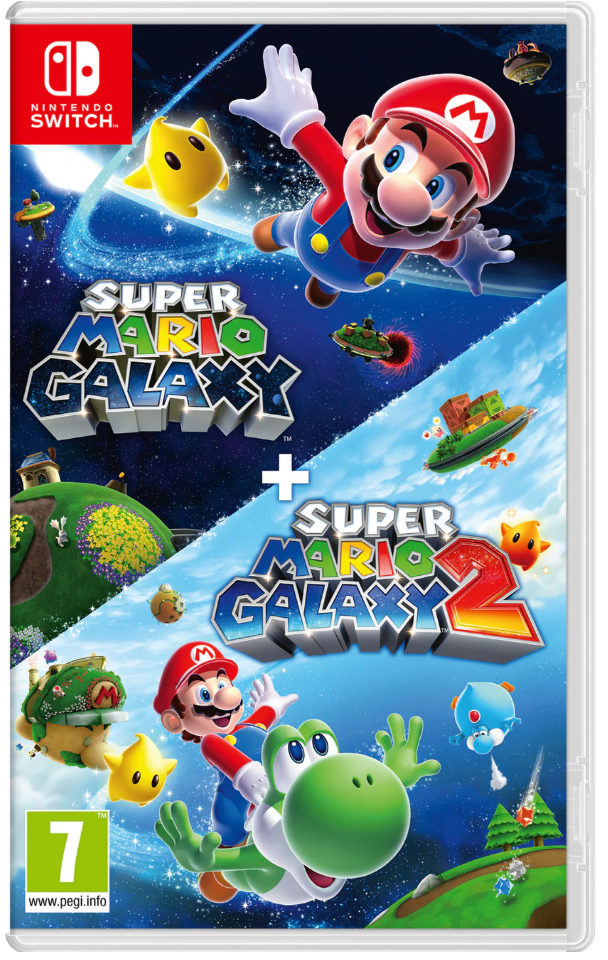 Super Mario Galaxy and Super Mario Galaxy 2 packaging for Nintendo Switch with characters and game title.