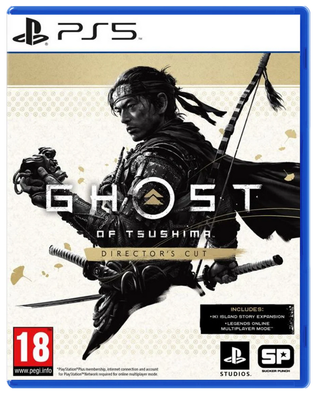 PlayStation 5 game disc cover for 'Ghost of Tsushima: Director's Cut' with a samurai warrior holding a sword.