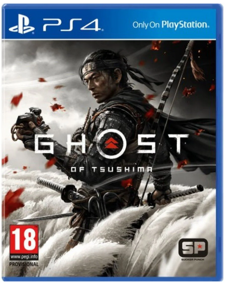 Game cover for 'Ghost of Tsushima' on PS4 with a warrior holding a gun and sword.