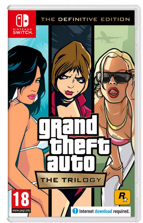 Game case for 'Grand Theft Auto: The Trilogy' on Nintendo Switch with cartoon characters and rating information.