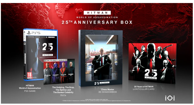 Hitman 25th Anniversary Box with game case, DVD, and collectible card on a red and black background.