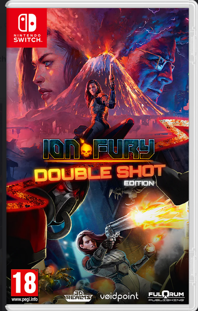 Game cover for 'Ion Fury Double Shot Edition' on Nintendo Switch with action scenes and characters.