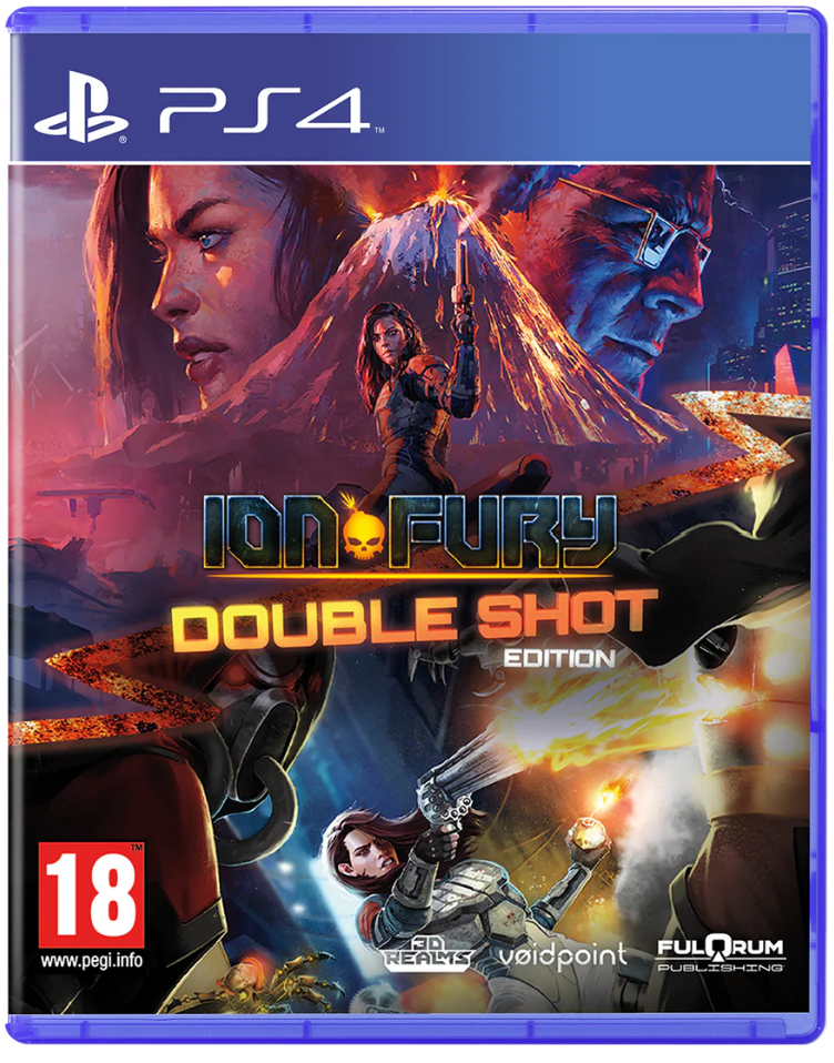 PS4 game cover for 'Ion Fury Double Shot Edition' with action-packed graphics.