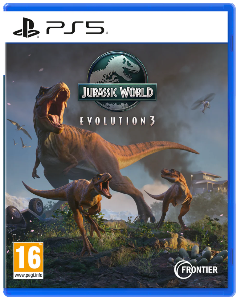 Game cover for 'Jurassic World Evolution 3' on PS5 with dinosaurs and game logo.