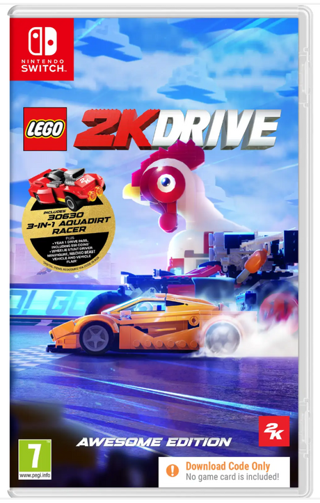 LEGO 2K Drive game cover for Nintendo Switch with racing car and chicken character.