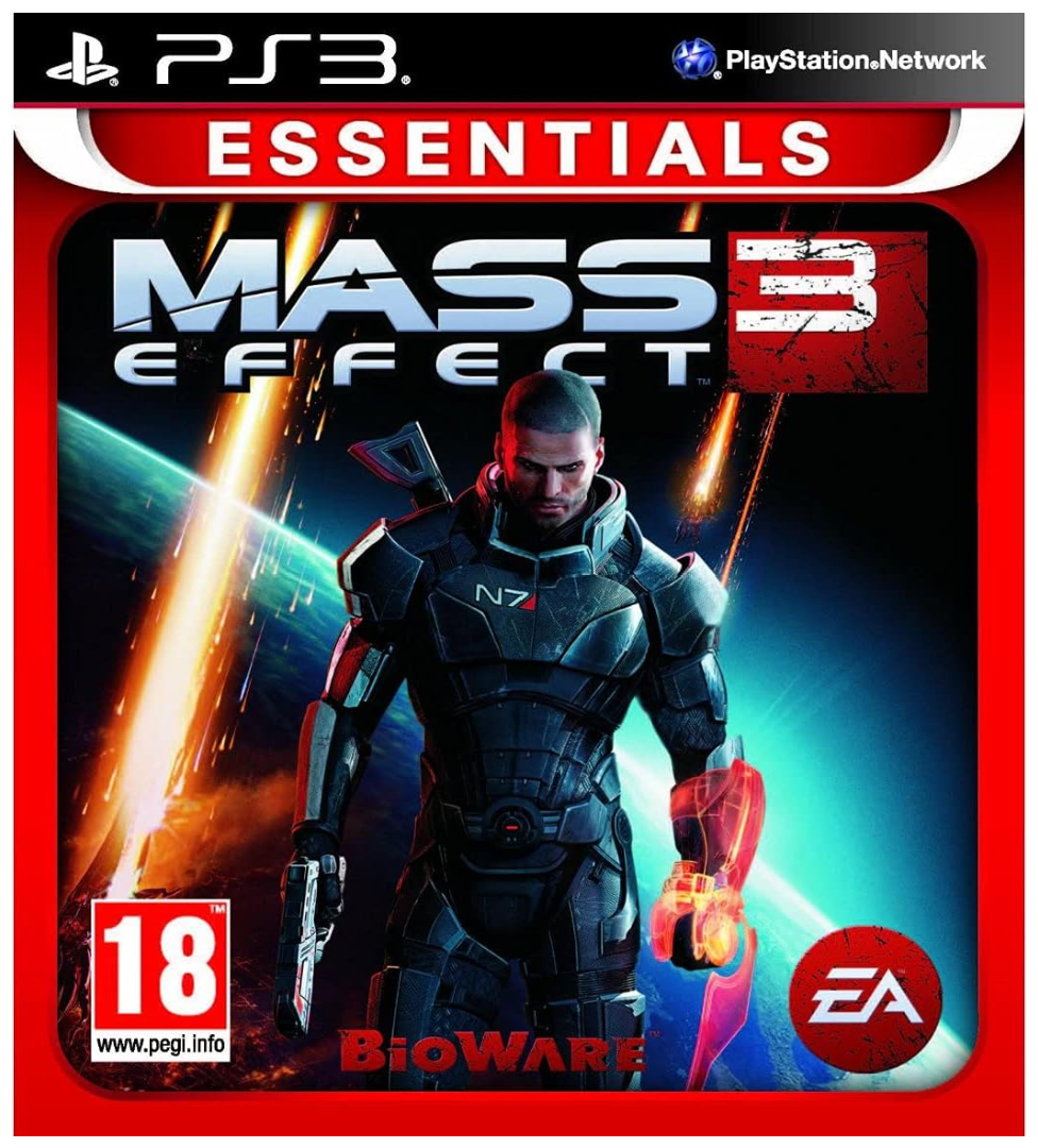 Mass Effect 3 game cover for PS3 with character in futuristic armor and red accents.