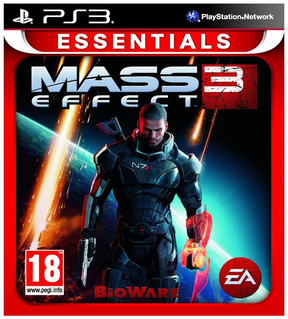 Mass Effect 3 game cover for PS3 with character in futuristic armor and red accents.