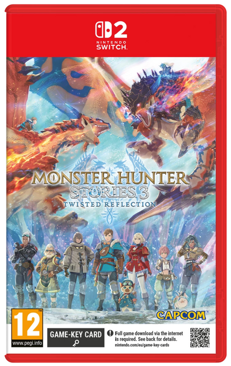 Monster Hunter Stories 3 game case for Nintendo Switch with characters and creatures on a red background